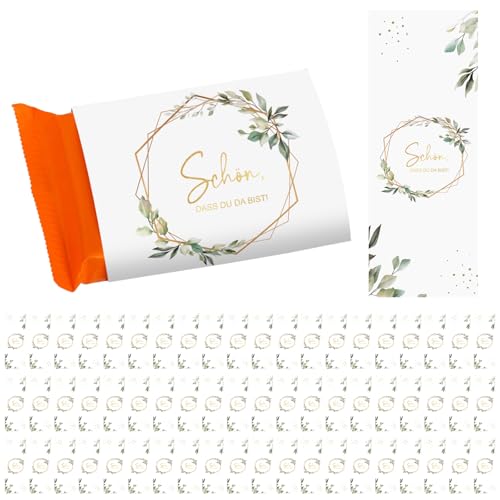 60 Schokoladenbanderole Eukalyptus, Schön dass du da bist Sticker Schokolade Aufkleber, Gastgeschenk zur Hochzeit Geburtstag Mini Schokoladen, Taufe Konfirmation Kommunion Sticker von Yi'antai