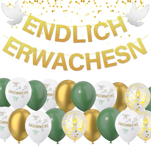 Jugendweihe Deko Set, Jugendweihe Luftballons Gold Weiß Endlich Erwachsen Alles Gute zur Jugendweihe Girlande für Junge Mädchen Jugendweihe Deko Party, Raumdekoration von Yi'antai