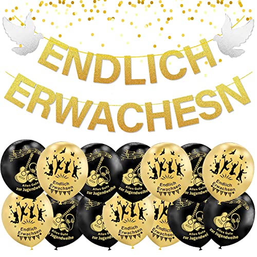 Jugendweihe Deko Set, Jugendweihe Luftballons Schwarz Gold Endlich Erwachsen Alles Gute zur Jugendweihe Girlande für Junge Mädchen Jugendweihe Deko Party, Raumdekoration von Yi'antai