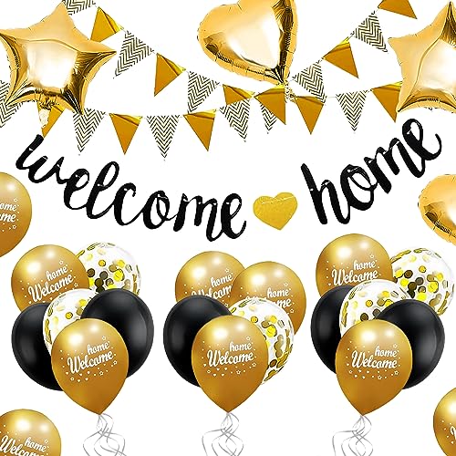 Welcome Home Ballon, Willkommen Zuhause Banner Willkommen Deko, Welcome Home Deko Willkommen Home Girlande mit 5M Wimpel Banner, Herzform Stern Pailletten Luftballons für Zuhause, Party von Yi'antai