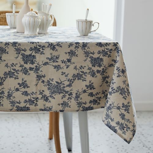 Pastoral Rechteckige Tischdecke – 152 x 250 cm Leinen-Stoff-Tischdecke waschbare mit staubdichtem Faltenschutz für Restaurant, Picknick, drinnen und draußen, Essen, Blumenmuster (dunkelblau) von YiHomer