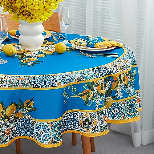 YiHomer Provence Mediterrane Fliesen-Tischdecke – knitterfreie Tischdecke für Frühlings-Sommer-Dekorationen, Picknicks und Partys – drinnen und draußen, schmutzabweisend, 178 cm rund von YiHomer