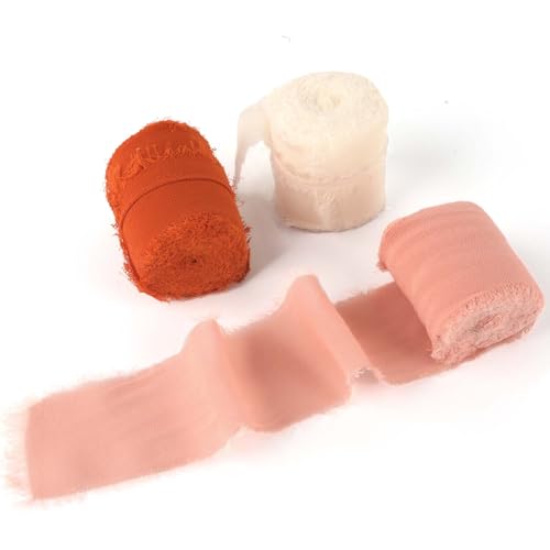YiJiuBa Chiffonband 3 Rollen, 4 cm x 5 Meter Geschenkband Schleifenband Aus Seidenem Chiffonstoff Mit Fransen, Hochzeitsband Für Brautsträuße, Geschenkverpackungen, DIY-Dekoration, In Trendigen Farben von YiJiuBa
