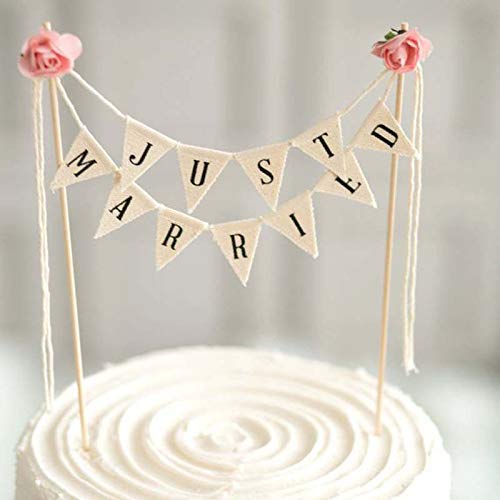 Wedding Cake Topper Vintage Rustic Just Married Wedding Cake Topper Cheese Bunting Handmade Bunting Flags with Wooden Pole Ivory (with Pink Rose) 1 Piece von YiLang