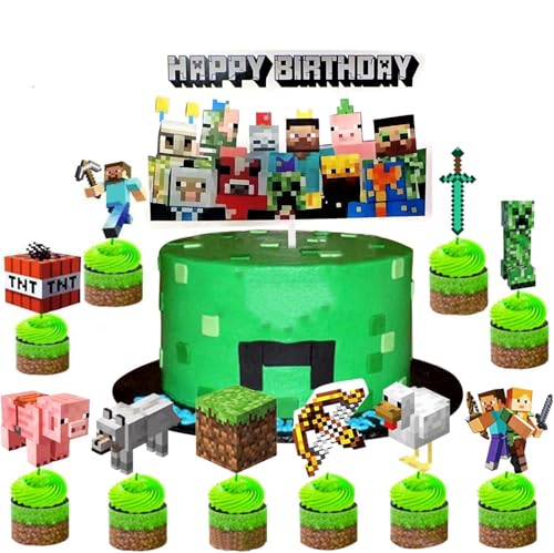YiMinw 25 Stück Pixel Cake Topper, Miner Game Cupcake Toppers,24 Stück Cupcake Toppers Wrappers,Papier Wrapper, für Geburtstagsfeier Geburtstag Kuchendeko von YiMinw