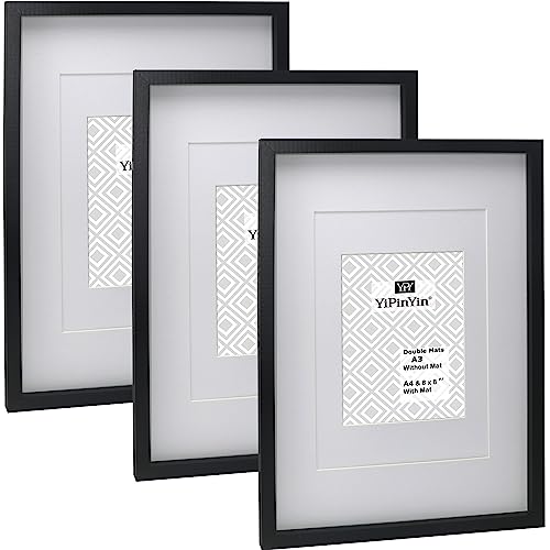 Bilderrahmen, A3, Schwarz, mit Doppel-Passepartout, für A4 und 15 x 20 cm, Holz, 3 Stück Bilderrahmen, A3, Schwarz, mit Doppel-Passepartout, für A4 und 15 x 20 cm, Holz, 3 Stück von YiPinYin
