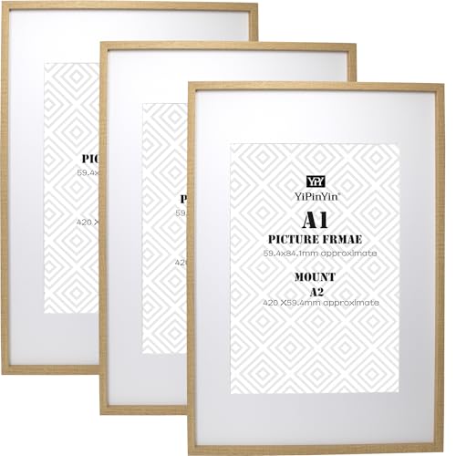 Holz-Bilderrahmen, A1 (59,4 x 84,1 cm), säurefreies Passepartout, Holzoptik, mit A2-Foto-Passepartouts zum Aufhängen an der Wand, 3 Stück von YiPinYin