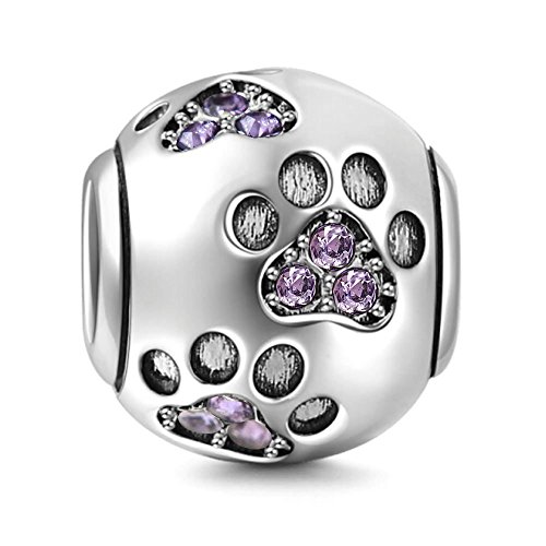 Hundepfötchen-Anhänger, aus 925er-Sterlingsilber, Tieranhänger, Geburtstagsanhänger, für Pandora-Bettelarmbänder violett von YiRong Jewelry