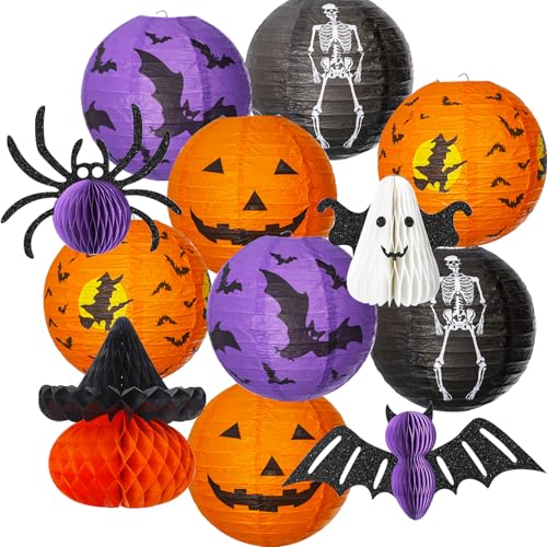 YiYa 12 Stück Halloween Papier Laternen Dekorationen Kürbis Hängende Papier Laterne Honeycomb Fledermäuse Honeycomb Ghost Spider für Halloween Party Haunted Garten Baum Dekor YiYa 12 Stück Halloween Papier Laternen Dekorationen Kürbis Hängende Papier Laterne Honeycomb Fledermäuse Honeycomb Ghost Spider für Halloween Party Haunted Garten Baum Dekor von YiYa