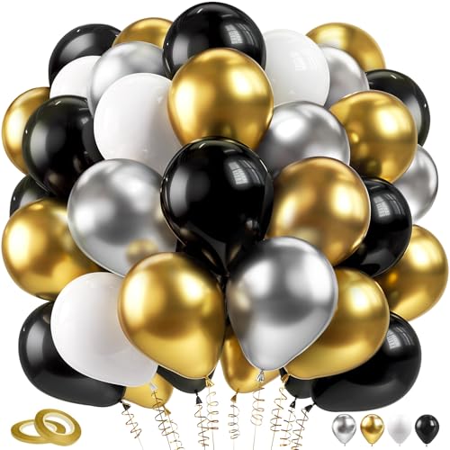 Luftballons Schwarz Gold, 60 Stück 12 Zoll Latex Schwarz Metallic Gold Weiß Silber Party Luftballon Set für Geburtstag Hochzeit Ruhestand Abschluss Jahrestag EID Silvester Neujahr Party Deko von YianHien