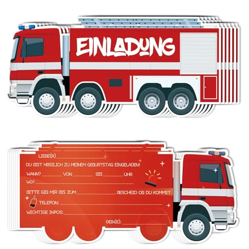 YianHien Feuerwehrauto Einladungskarten Kindergeburtstag Junge, Coole Feuerwehr Einladungskarten Geburtstag Partyeinladungen, Einladung Kindergeburtstag Junge, Geburtstagseinladungen Kinder 12 Stück von YianHien