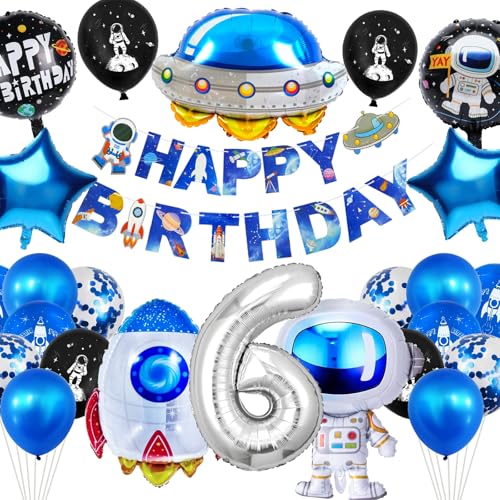 YianHien Weltraum Geburtstagsdeko 6 Jahre Jungen, 25 Stück Weltraum Geburtstag Deko Kinder Theme Party Luftballons, XXL Astronaut Rakete Folienballon Set mit Happy Birthday Girlande für 6 Jahre Kinder von YianHien