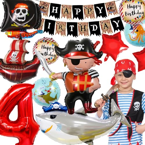 YianHien Piraten Deko kindergeburtstag 4 Jahre Jungen, Piraten Kinder Geburtstag Party Deko, XXL Piraten Haifisch Piratenschiff Folienballons, Piratenparty Luftballons Set mit Happy Birthday Banner von YianHien