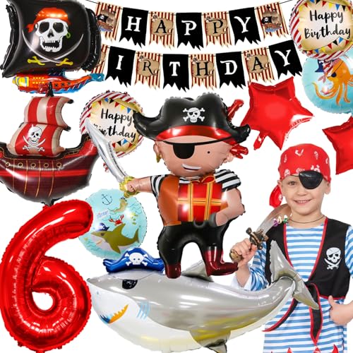 YianHien Piraten Deko Kindergeburtstag 6 Jahre, XXL Piraten Geburtstagsdeko Piratenparty Deko, Piraten Theme Party Luftballons Set, Piratenschif Folienballons Kinder Geburtstag Deko für 6 Jahre Junge von YianHien
