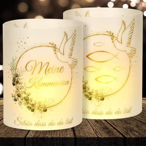 16 Windlicht Tischdeko Kommunion, Kommunion Deko Junge Mädchen, Erstkommunion Deko, Meine Kommunion Deko Eukalyptus Grün, Kommunion Gastgeschenke, Schön DASS Du Da Bist, für Teelichter oder Kerzen von Yibat