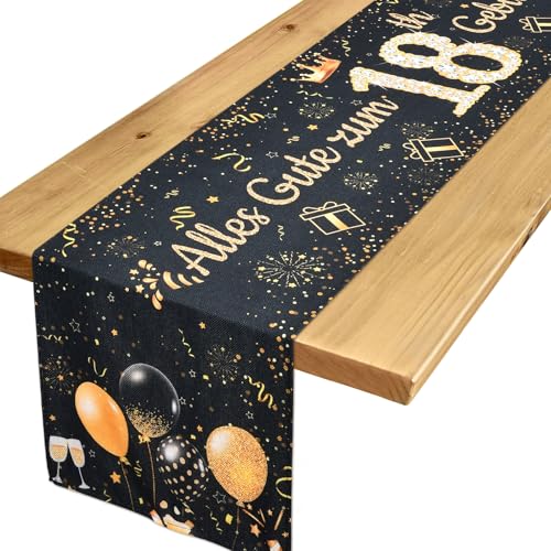 Tischläufer 18. Geburtstag Deko für Mädchen Junge - Schwarzes Gold Tischdeko zum Ihn Ihr Jahrestag Feier Party Dinner - Tisch Leinen Tischdecke für Zuhause, 183x33 cm von Yibat