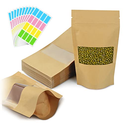 150 Stück Papiertüten mit Fenster (9 x 14cm) + 160 Stück Aufkleber, Kraftpapiertüten Braun Mini Papierbeutel mit Sichtfenster für Nüsse, Gewürze, Coffee, Teeblätter von Yicaam