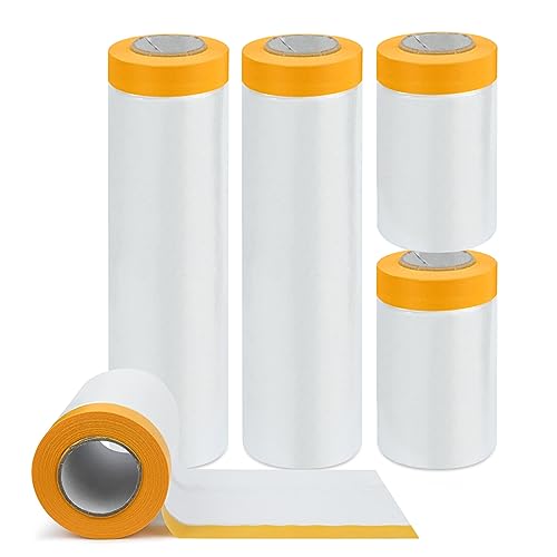 Yicaam 4 Rollen Abdeckfolie mit Klebeband (270cm+55cm) Transparent Abdeckfolie mit Gewebeklebeband, Selbstklebende Malerfolie Malerband für Automobil Lackierung Abdecken von Yicaam