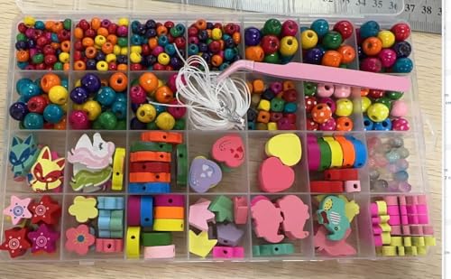 545 Stück Holzperlen zum Auffädeln, Perlen zum Auffädeln Kinder mit Pinzette, Faden und Transparente Box, Blumen und Tiere Bunte Holzperlen für Kinder, DIY Armbänder Bastelset Schmuckherstellung von Yicenmy