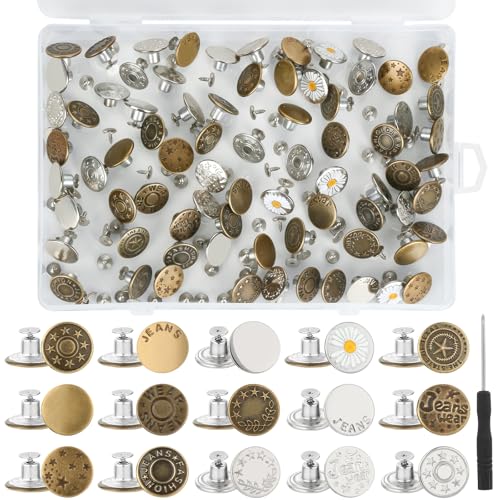 75 Stück Jeansknöpfe zum Schrauben, 17mm Verstellbarer Hosen Ersatz Knöpfe, Jeans Knöpfe Ohne Nähen mit Schraubendreher und Aufbewahrungsbox, Hosenknöpfe für Jeansreparatur und Größenanpassung 75 Stück Jeansknöpfe zum Schrauben, 17mm Verstellbarer Hosen Ersatz Knöpfe, Jeans Knöpfe Ohne Nähen mit Schraubendreher und Aufbewahrungsbox, Hosenknöpfe für Jeansreparatur und Größenanpassung von Yicenmy