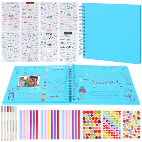 Fotoalbum Zum Selbstgestalten, Fotobuch Zum Selbstgestalten 80 Seiten, Spiralalbum Fotoalben mit 6 Metallic Farbmarker 14 Aufkleber, DIY Geschenk Scrapbooking für Baby Familie Jahrestag (Blau) von Yicenmy