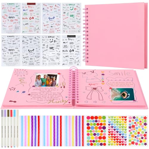 Fotoalbum Zum Selbstgestalten, Fotobuch Zum Selbstgestalten 80 Seiten, Spiralalbum Fotoalben mit 6 Metallic Farbmarker 14 Aufkleber, DIY Geschenk Scrapbooking für Baby Familie Jahrestag (Rosa) von Yicenmy