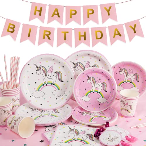 Yidaxing 146 pcs Regenbogen Einhorn Einweggeschirr, Regenbogen Einhorn Einweg Party Kit Con Pappbecher Strohhalme Servietten Tischdecke Banner für Kinder Mädchen Geburtstag (24 Gastgeber) von Yidaxing