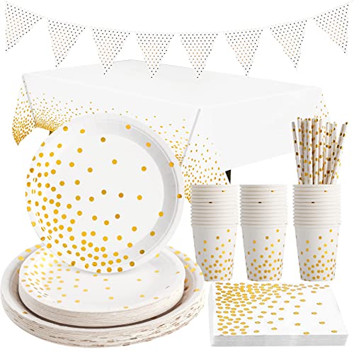 Yidaxing Weiß und Gold Partygeschirr, Abbaubar Golden Dot Partyteller Set Enthält Servietten Pappbecher Banner Tischdecke für Brautdusche Verlobung Hochzeit Geburtstag Weihnachten, 24 Gäste Yidaxing Weiß und Gold Partygeschirr, Abbaubar Golden Dot Partyteller Set Enthält Servietten Pappbecher Banner Tischdecke für Brautdusche Verlobung Hochzeit Geburtstag Weihnachten, 24 Gäste von Yidaxing