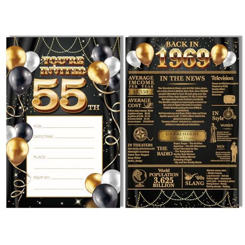 Yigaue Einladungskarten zum 55. Geburtstag, mit Echtgoldfolie, Schwarz und Gold, Glitzer, zum 55. Geburtstag, 20 Einladungen und Umschläge von Yigaue
