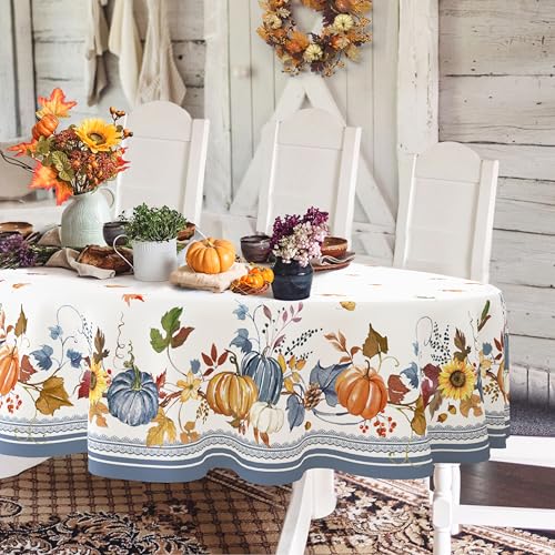 Ovale Herbst-Tischdecke, Erntedankfest, Herbsternte, blauer Kürbis, Sonnenblume, Ahornblatt, Tischdecke, Polyester, wasserdicht, knitterfrei, langlebig, Tischdecke für Herbst, Erntedankfest, Ovale Herbst-Tischdecke, Erntedankfest, Herbsternte, blauer Kürbis, Sonnenblume, Ahornblatt, Tischdecke, Polyester, wasserdicht, knitterfrei, langlebig, Tischdecke für Herbst, Erntedankfest, von Yighty