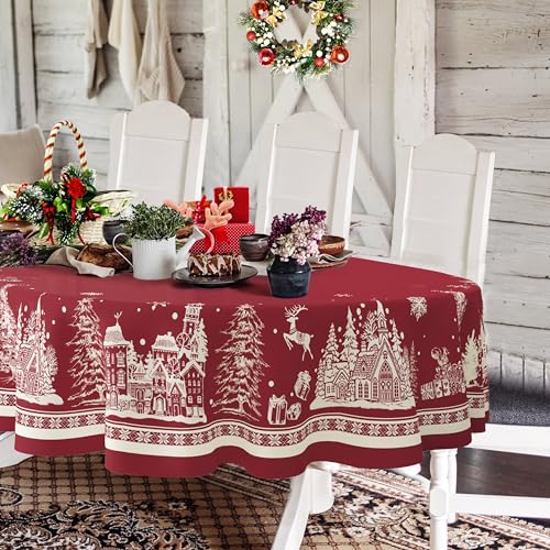 Ovale Weihnachtstischdecke, Weihnachtsbaum, Elch, Weihnachtsmann, Schneeflocke, Rot, Polyester, wasserdicht, knitterfrei, langlebig, Tischdecke für Urlaub, Küche, Winter und Heimdekoration Ovale Weihnachtstischdecke, Weihnachtsbaum, Elch, Weihnachtsmann, Schneeflocke, Rot, Polyester, wasserdicht, knitterfrei, langlebig, Tischdecke für Urlaub, Küche, Winter und Heimdekoration von Yighty