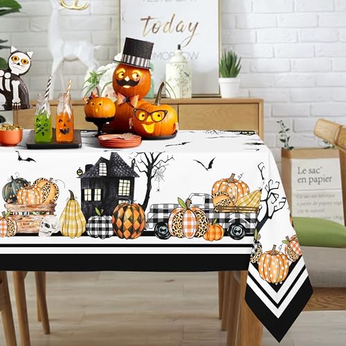 Rechteckige Halloween-Tischdecke 152 x 260 cm, Horror-Kürbis-Schloss-Schädel-Muster, aus wasserdichtem, knitterresistentem und langlebigem Polyester, geeignet für Halloween, Partys und Heimdekoration von Yighty
