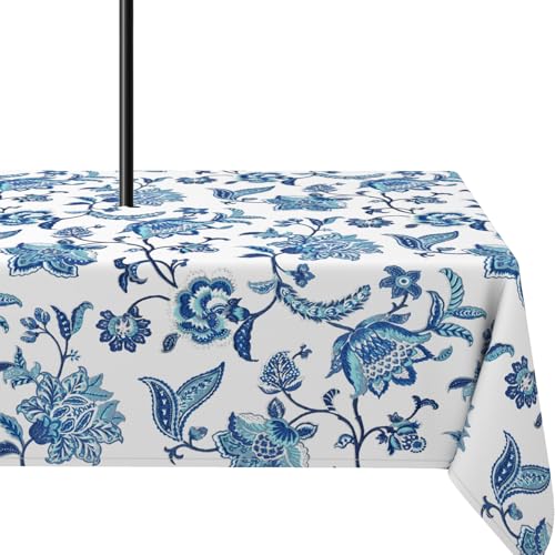 Yighty Outdoor-Tischdecke mit Schirmloch, 152,4 x 213,3 cm, Boho-Blau, Blumenmuster, Outdoor-Reißverschluss, wasserdicht und knitterfrei, waschbar, rechteckige Tischdecken für Picknick, Party, Camping von Yighty