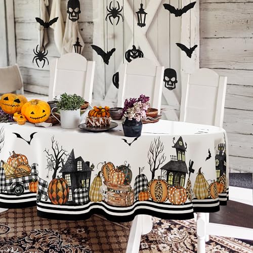 Ovale Halloween-Tischdecke, 137 x 183 cm, Motiv: Horror-Kürbis-Schloss, Totenkopf, ovale Tischdecke, Polyester, wasserdicht, knitterarm und langlebig, geeignet für Halloween, Party, Küche und Ovale Halloween-Tischdecke, 137 x 183 cm, Motiv: Horror-Kürbis-Schloss, Totenkopf, ovale Tischdecke, Polyester, wasserdicht, knitterarm und langlebig, geeignet für Halloween, Party, Küche und von Yighty