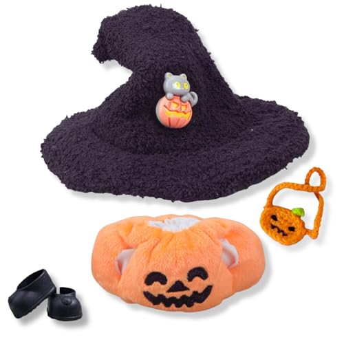 17cm Puppen Kleidung Set für Monster Plüsch, Kinder DIY Monster Keychain Doll Kostüm mit Zubehör（Hut, Kürbis Tasche,Schuhe für Geschenke,Halloween,Karneval,Weihnachten(Generation 1/2/3) Schwarz von Yigoo