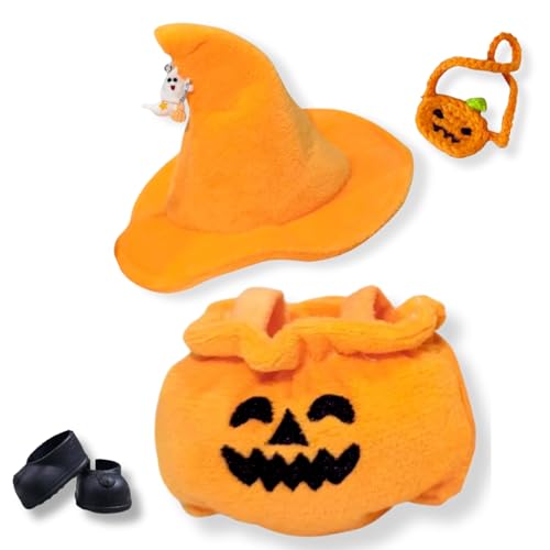 17cm Puppen Kleidung Set für Monster Plüsch, Kinder DIY Monster Keychain Doll Kostüm mit Zubehör（Hut, Kürbis Tasche,Schuhe für Geschenke,Halloween,Karneval,Weihnachten(Generation 1/2/3) Schwarz von Yigoo