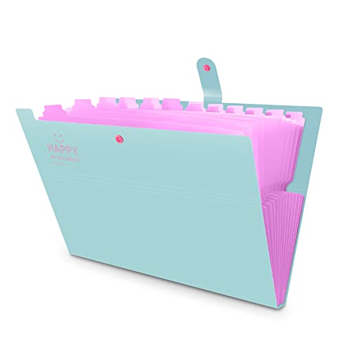 Faechermappe A4 Dokumentenmappe Ordner, Expanding File Folder Fächermappe 12 Taschen Erweiterbar Wallet Aufbewahrungsbox/Aktenkoffer Erweitern Schulordner Dokumente Organizer,12 Pockets [Green & Pink] von HAISSKY