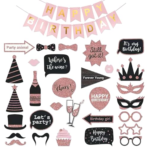 31 Stück Foto Requisiten, Schwarz und Pink Party Foto Booth Props mit Geburtstagsbanner, Fotobox Accessoires Geburtstag Foto Booth Requisiten Fotorequisiten Set für Fotobox und Partyspaß von YiiHHooN