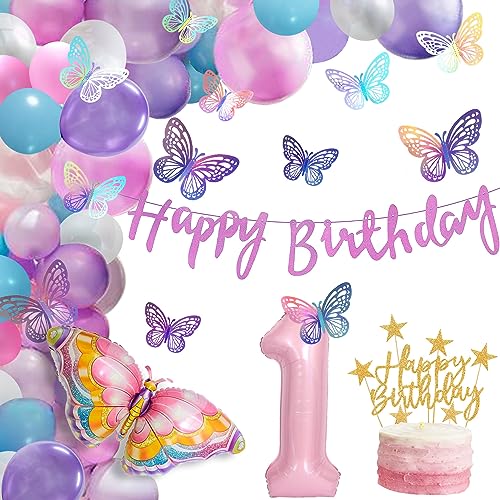 1. Geburtstagsdeko Mädchen Luftballon Girlande Rosa Schmetterling Wandaufkleber Deko Geburtstag Happy Birthday Banner Rosa Geburtstag 1 Jahr Mädchen von YiiiGoood