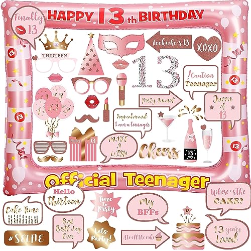 13. Geburtstag Foto Requisiten Fotobox Accessoires Rose Gold aufblasbarer Fotorahmen Aufblasbar 40 Stück Fotorequisiten Official Teenager 13 Deko Party Selfie Rahmen Geburtstagsdeko für Mädchen von YiiiGoood