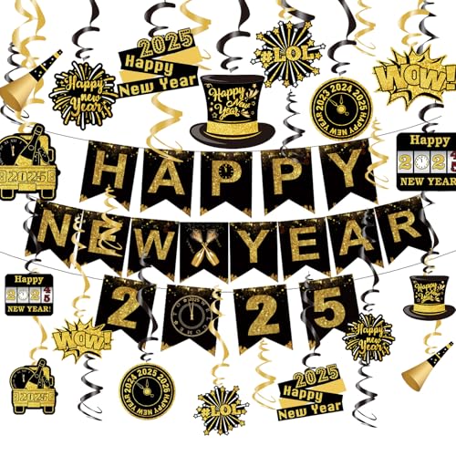 2026 Silvester Deko Neujahr Girlande HAPPY NEW YEAR Banner 30 Stk. Spiralen Luftschlangen Dekoration Frohes Neues Jahr Accessoires Hängedeko Deckenhänger Schwarz Gold von YiiiGoood