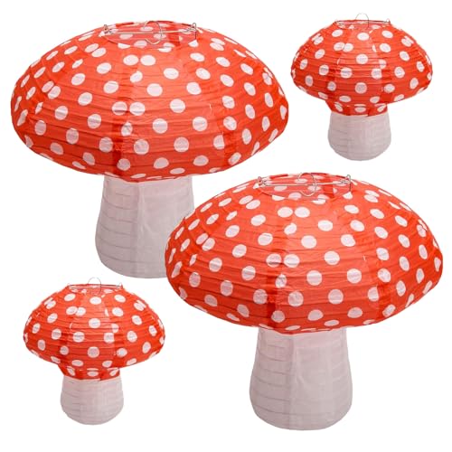 4 Stück Pilz Lampions Papier Laternen Geburtstag Dekorationen Lampion Wild Kindergeburtstag Party Deko Rot (2×20cm, 2×30cm) von YiiiGoood