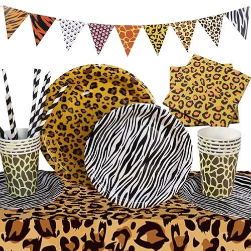 52 Stk. Safari Partygeschirr Leopard Tischdecke, Pappteller, Servietten, Waldtiere Pappbecher und Girlande Kindergeburtstag Dekoration Dschungel Deko Leoparden Geburtstagsdeko von YiiiGoood