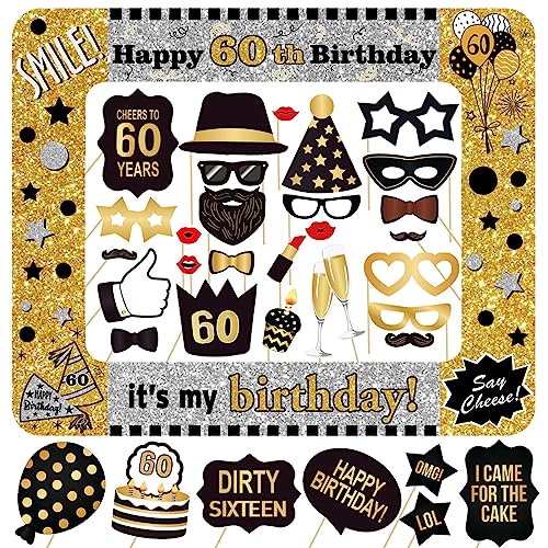 60. Geburtstag Foto Requisiten 34 STK. Lustige Fotobox Accessoires Aufblasbarer Bilderrahmen Geburtstagsfeier Deko Schwarz Gold Silber Fotorequisiten Party Zubehör Geschenke für Männer und Frauen von YiiiGoood