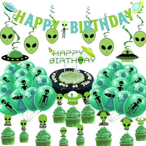 Alien Geburtstag Deko aufblasbares Alien Luftballons Komische Party HAPPY BIRTHDAY Girlande Cake Toppers Sci-Fi Geburtstagsdeko (Ballons+Banner+Kuchendeko+Spiralen) von YiiiGoood