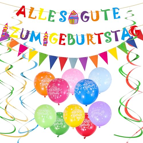 Alles Gute zum Geburtstag Deko Deutsche Happy Birthday Girlande Bunt Luftballons farbige Ballons Pastell Spiralen Set bunte Wimpelkette Geburtstagsdeko von YiiiGoood