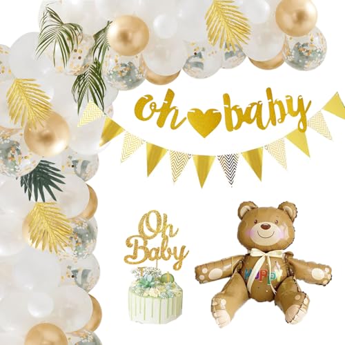 Babyparty Deko Oh Baby Banner Gold Kuchendeko Bär Folienballon Weiß Ballon Girlande Baby Shower Dekoration Neutral Baby Party Deko Junge Mädchen von YiiiGoood