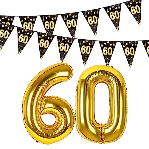 Deko 60 Geburtstag Folienballon 60 Gold Zahlen 4 Meter Wimpelkette Schwarz Dekoration Wimpel Banner Outdoor Folie Ballons Zahl 60. Geburtstagsdeko für 60 Jahre Jubiläum Party Mann Frau von YiiiGoood