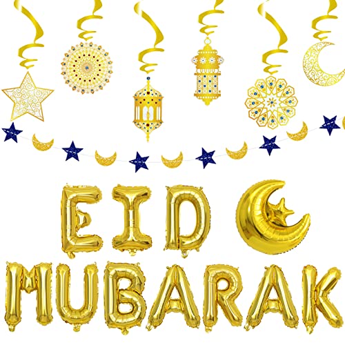 EID Mubarak Deko Ramadan Dekoration Crescent Star Halbmond Folienballons Islam Stern Mond Girlande Gold Deckenhänger marokkanisch islamische Spiralen von YiiiGoood