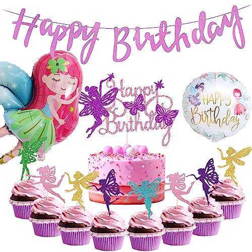 Fee Geburtstag Deko HAPPY BIRTHDAY Girlande Rosa Feen Cupcake Topper Fairy Tortendeko Elfen Figuren Folienballons Kinder Party Schmetterling Kindergeburtstag Dekoration Mädchen von YiiiGoood